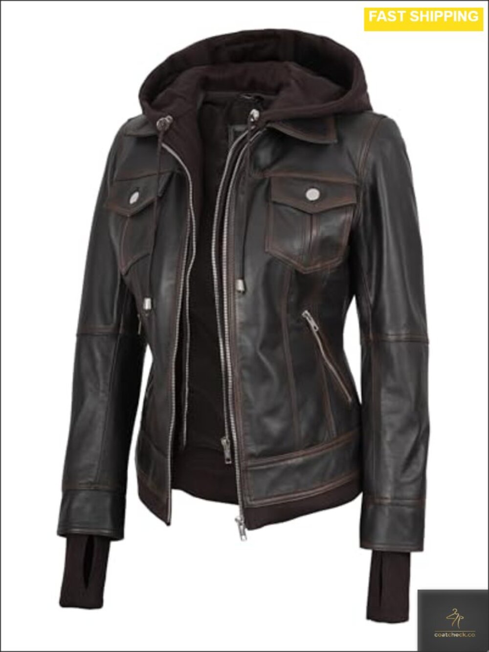 100% Real Lambskin Leather Bomber Jacket with Detachable Hood